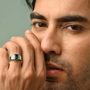 NOVAMART Fine Buy Premium 925 Pure Sterling <b>Silver</b> <b>Rings</b> for <b>Men</b> Boho Style Emerald Cut Cluster Jade Main Stone Rhodium Plated F - Product Image 4