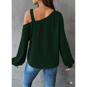 Blusa de viscosa de dos hilos con detalle de tirante en un solo hombro y manga larga para mujer, 30201 - Zumrut - Product Image 3