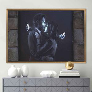 Printed <b>Canvas</b>: Banksy Mobile Phone Lovers Modern Art,1P:Gold <b>Framed</b> - Product Image 1