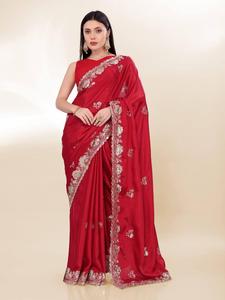Nouveau concepteur Chinon soie séquence broderie travail Saree avec chemisier doux indien en vrac Saree pour la fête et les fonctions spéciales - Product Image 4