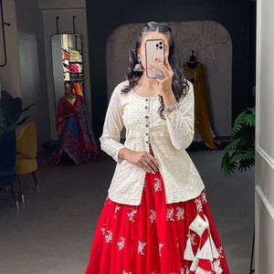 เสื้อเบลาส์ lehenga เย็บเต็มพร้อมแจ็กเก็ตปักลายทำงานผ้าฝ้ายแท้ผสมสีสวย - Product Image 1