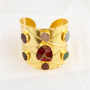 Trendy jewelry natural uncut raw multi stone with mohave <b>ruby</b> copper turquoise adjustable <b>bracelet</b> 18k gold plated designer cuff - Product Image 2