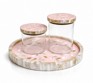 Elegant Pink Resin and Mother of Pearl Tray with Acrylic <b>Box</b> Jars – Luxury Decorative Organizer for Kitchen & <b>Coffee</b> <b>Table</b> - Product Image 1