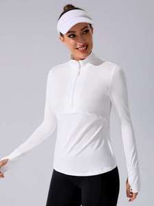 Vente en gros Vêtements de sport blancs à manches longues et demi-fermeture éclair pour femmes Pullover Haut de sport léger et respirant coupe ajustée Vêtements d'entraînement de gymnastique - Product Image 4
