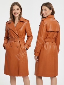 Manteau long en cuir épais personnalisé pour femmes, vêtements d'extérieur d'hiver, cuir véritable doux, double boutonnage, ceinture, trench-coat, vente en gros - Product Image 5