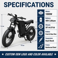 Vélo de montagne électrique à pneus larges 48V 1000W avec cadre en acier, freins à disque, moteur sans balais, batterie au lithium, 26 pouces, vente en gros OEM