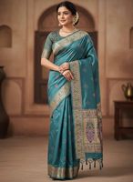 Sari en soie pure Dhwaja Export, douce et élégante, 5,50 mètres de long, avec blouse, motif gaufré Zari Meena Butti