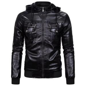 Chaqueta de Cuero PU para Hombre de Invierno, Chaqueta de Cuero Genuino Teñida Lisa, Color Sólido Informal, Diseño con Cuello Alto y Cremallera - Product Image 2