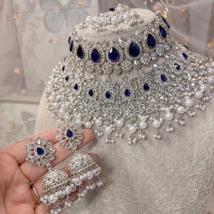 Ensemble collier et boucles d'oreilles pour femmes indiennes et pakistanaises, en acier inoxydable artisanal, pour mariage et anniversaire, avec perles multi-rangs - Product Image 1