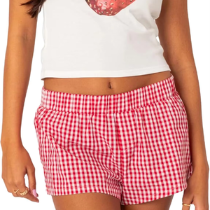 Los pantalones cortos de mujer más vendidos 100% Material de algodón Pantalones cortos ligeros a cuadros con cintura elástica Impresión de logotipo personalizado Servicio OEM - Product Image 1