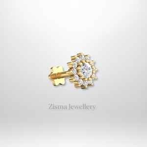 ต่างหูเม็ดเดี่ยวรูปดอกไม้เพชรสุดพิเศษ14K ต่างหูเม็ดกลมสีทองธรรมชาติสำหรับปลูกในห้องปฏิบัติการเพชรแบบแบนกลับกลีบกระดูกอ่อน - Product Image 3