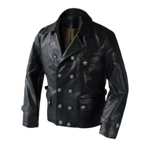 Hiver Vintage Cuir Véritable Toile Hommes Médiéval Y2K Automne Veste Moto Double Boutonnage - Product Image 3