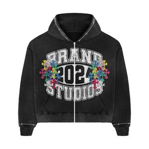 Sweats à capuche surdimensionnés personnalisés de haute qualité pour hommes, sweats à capuche à fermeture éclair délavés à l'acide, sweats à capuche imprimés à l'écran, sweats à capuche avec strass - Product Image 4