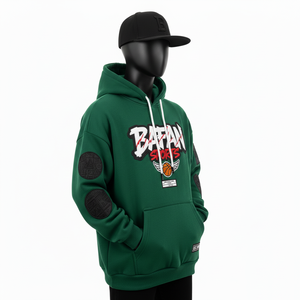 Sweat-shirt confortable de base avec impression graphique sur la poitrine, logo en patch, panneaux personnalisés, tissu polaire épais 350 GSM, couleur verte - Product Image 2