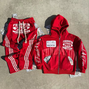 Ensemble de survêtement Jogger de haute qualité pour hommes, pantalon de survêtement évasé et ensemble de sweat-shirt en coton, sweat-shirt à fermeture éclair avec strass - Product Image 6