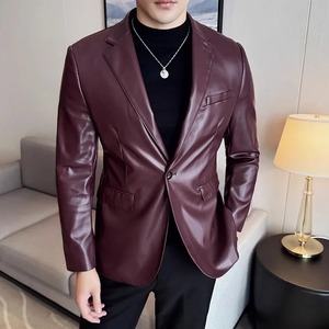 High Quality <b>Leather</b> <b>Jacket</b> Men Single Button Slim Fashion <b>Leather</b> <b>Blazers</b> Male Business Casual Suit Coats Solid PU Outwear Man - Product Image 5