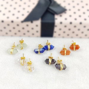 Wholesale <b>Gold</b> Plated 925 Silver <b>Sapphire</b> Gemstone Double Point Pencil Stud <b>Earrings</b> Wire Wrapped Tiny Studs Handmade Jewelry - Product Image 6