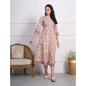 Vestido largo de algodón gris con estampado de bloques color crema, estilo casual hippie con cuello mandarín, transpirable, tallas XL a 5XL - Product Image 4