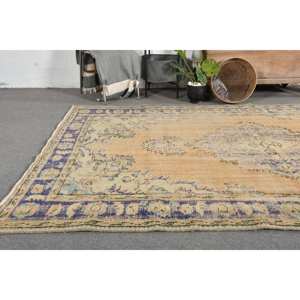 Vintage 6 X 9 ft Turkish Wool <b>Rug</b> in Beige Blue Handmade <b>Boho</b> Patchwork Design for Bedside Rectangle Hallway Shape Latex Backing - Product Image 2