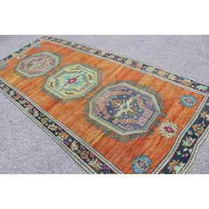 Tapis turc vintage, grand tapis de 4,8 x 10,3 pieds, tapis en laine rayé orange et bleu - Product Image 4