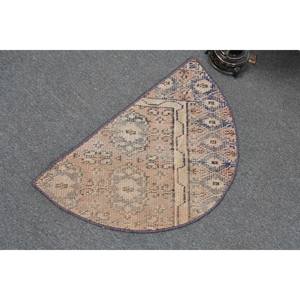 Alfombra de lana turca Vintage de 2,5x1,5 pies, diseño de retales Beige y azul, técnica de tejido plano, respaldo de látex para uso en el pasillo - Product Image 4