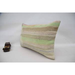 Subtle Beige Striped Wool Patchwork Kantha 16x24 Inch Woven Decorative <b>Pillow</b> with Vintage Pattern - Product Image 4