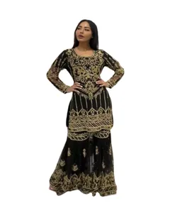 巴基斯坦刺绣设计师乔其纱上衣和裤子，配有Dupatta Partywear作品长Kurta 3件套连衣裙