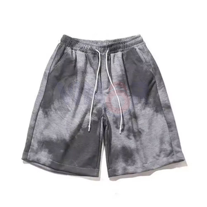 Short d'été décontracté écologique pour homme 100% coton éponge française Vintage lavé à l'acide solide taille élastique cordon ourlet brut - Product Image 1