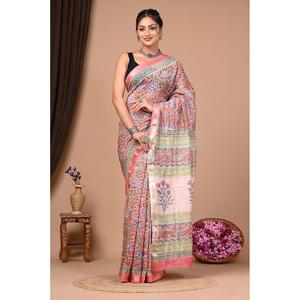 Sari de satén hecho a mano con estampado floral, estampado Maheshwari, seda, silueta recta - Product Image 1