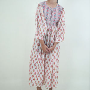 Best Handmade Floral Embroidery Modest Long Maxi <b>Kaftan</b> <b>Dress</b> Cotton Block Print Loose Fit Upto 54inch for Daily <b>Summer</b> - Product Image 1