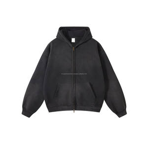 Sudadera con capucha con diamantes de imitación bordados de gran tamaño lavado ácido recortado de algodón impermeable ropa de calle desgastada pesada personalizada - Product Image 6