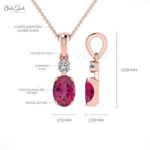 Colgante de Oro Rosa Sólido de 14k con Diamantes y Dos Piedras, Turmalina Rosa de Corte Ovalado de 7x5mm, Colgante Nupcial, Listo para Enviar - Product Image 2