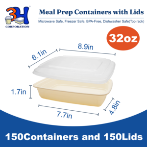 กล่องเตรียมอาหารพลาสติกแบบใช้ซ้ำได้ [150 ชิ้น 32 ออนซ์] กล่องใส่อาหารแบบพกพาพร้อมฝาปิด ปลอดสาร BPA ใช้กับไมโครเวฟและเครื่องล้างจานได้ - Product Image 2