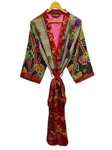 Kimono d'été de luxe, couverture de bikini, robe longue de nuit, kimono sari indien vintage en soie recyclée fait à la main, - Product Image 4