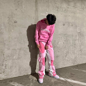 Survêtement vintage personnalisé en coton épais avec broderie et impression, sweat à capuche à ourlet brut, pantalon évasé, poche en strass, coupe courte - Product Image 4