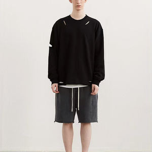 Sudadera desgastada de algodón 100% para hombre, ropa de calle de lavado Vintage rasgada con hombros caídos de gran tamaño, cuello redondo, Terry francés para invierno - Product Image 2