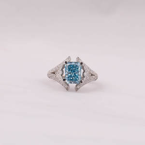 Custom <b>Split</b> Shank Blue Radiant Cut Lab Grown Diamond Engagement <b>Rings</b> in 18KT Solid White Gold Trendy Stylish <b>Ring</b> - Product Image 2