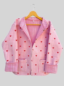 Chaqueta a Rayas con Estampado de Corazones Rosados, Cuello con Muescas, Cierre de Botón, Manga Larga, Talla Grande, Abrigo de Primavera para Mujer - Product Image 3