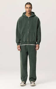 Ensemble sweat-shirt à capuche zippé et pantalon évasé en molleton délavé à l'acide avec logo personnalisé en gros, vêtements streetwear vierges à imprimer - Product Image 6