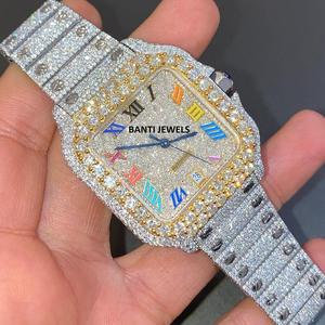 Montre de luxe carrée en acier inoxydable sertie de moissanite avec cadran romain arc-en-ciel, bijoux hip-hop, diamant moissanite VVS - Product Image 3