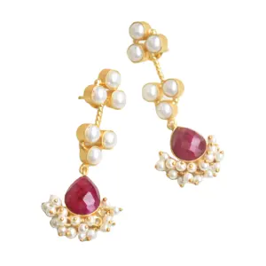 Red Long Drop Gemstone Earrings Gold Plated Elegant Dangle Earring Indian Suppliers of Statement Jewelry 2023 Trendy Designs