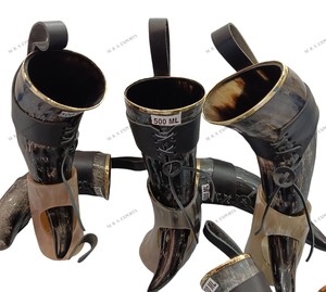 High Quality 500ml Buffalo Horn Viking <b>Mug</b> with Leather <b>Holder</b> and Stand Polished Natural Finish Best Bulk Prices - Product Image 4