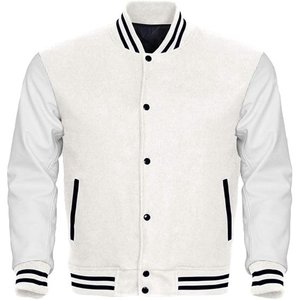 Hommes et femmes Varsity Baseball College Lettermen Retro Bomber Classic Solid White cuir et veste en laine avec noir - Product Image 4