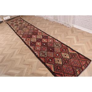Turkish Vintage Rug, 2.6x14.9 ft <b>Runner</b> Rug, Red <b>Green</b> Persian Wool Rug - Product Image 3