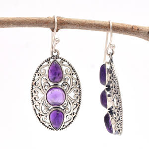 Amethyst Gemstone Round & Pear shape 925 solid <b>Sterling</b> <b>Silver</b> Bezel <b>Set</b> Drop <b>Earrings</b> Stones drop & Dangling <b>Earrings</b> - Product Image 2