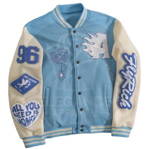 Patchwork Blanc Bleu Contraste Couleur Bonne Vente Conception Unique Adulte Usure Extérieure Durable Poitrine Collège Baseball Varsity Veste - Product Image 1