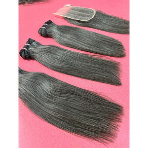 Extensiones de cabello humano sin procesar indio de alta calidad Cierre HD y paquetes crudos de trama gris recta natural - Product Image 4