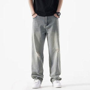 Jeans holgados de pierna ancha con tela duradera y dobladillo limpio para un aspecto llamativo relajado Jeans de pierna ancha informales - Product Image 1