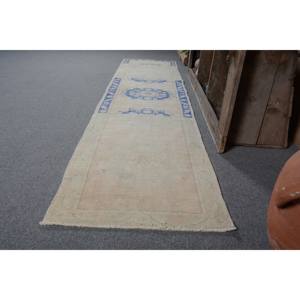 Tapis turc vintage 2.3x10 pieds Beige bleu grande surface laine Latex support motif abstrait pour adolescent couloir rectangulaire Design - Product Image 4