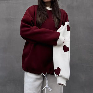 Sudadera con Capucha de Algodón Orgánico Grueso para Mujer, Bordado de Parches, Estilo Holgado, Hombros Caídos, Bloques de Color - Product Image 1